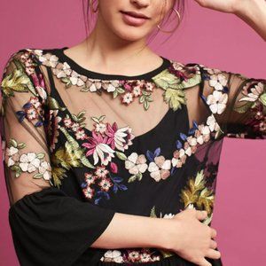 Eri + Eli Anthropologie Black Ornate Embroidery Top